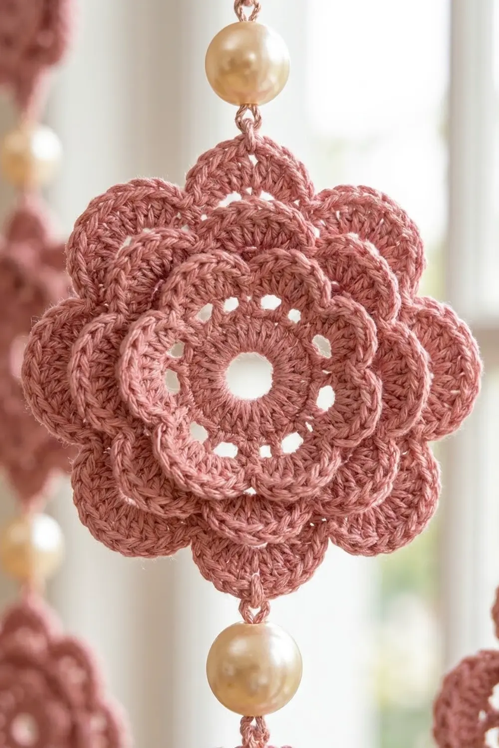 Dusty rose crocheted flower ornament with pearl beads suspended in front of a blurred window.
