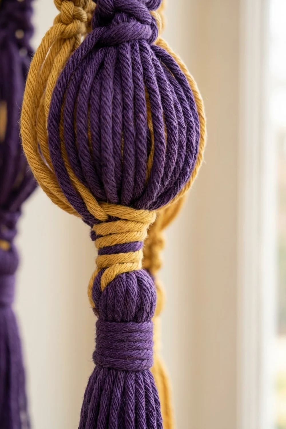 A decorative tassel with purple and gold twisted cord wrapped around a bulbous purple center knot.