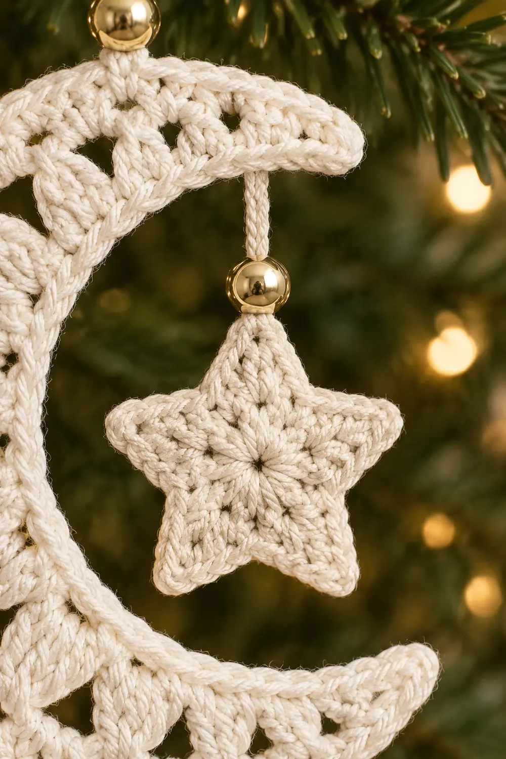 Crocheted cream ornament featuring a star hanging from a sweater-shaped holder against a blurred evergreen background.