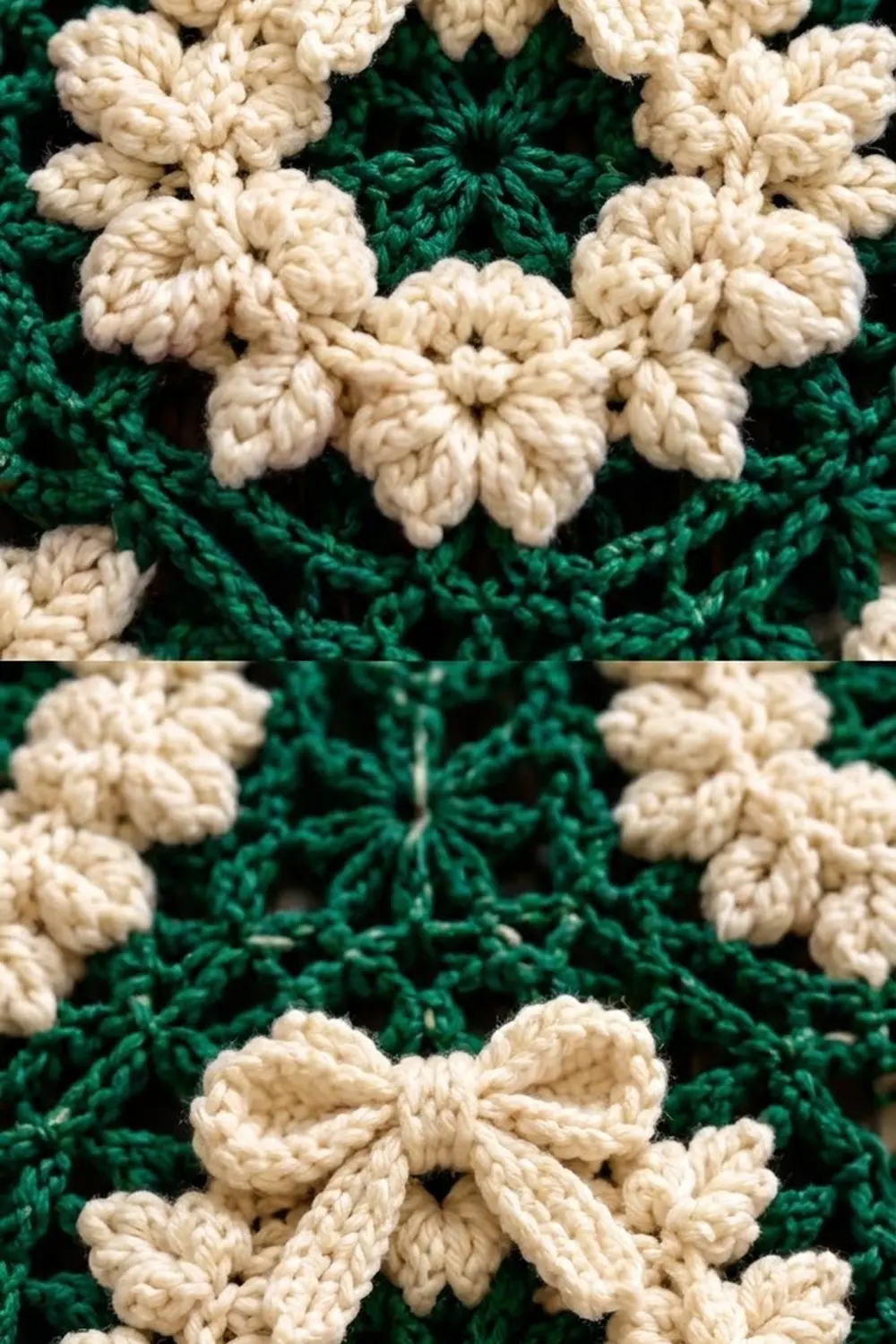 Crocheted cream-colored flower appliqués with textured petals attached to dark green knitted fabric background.