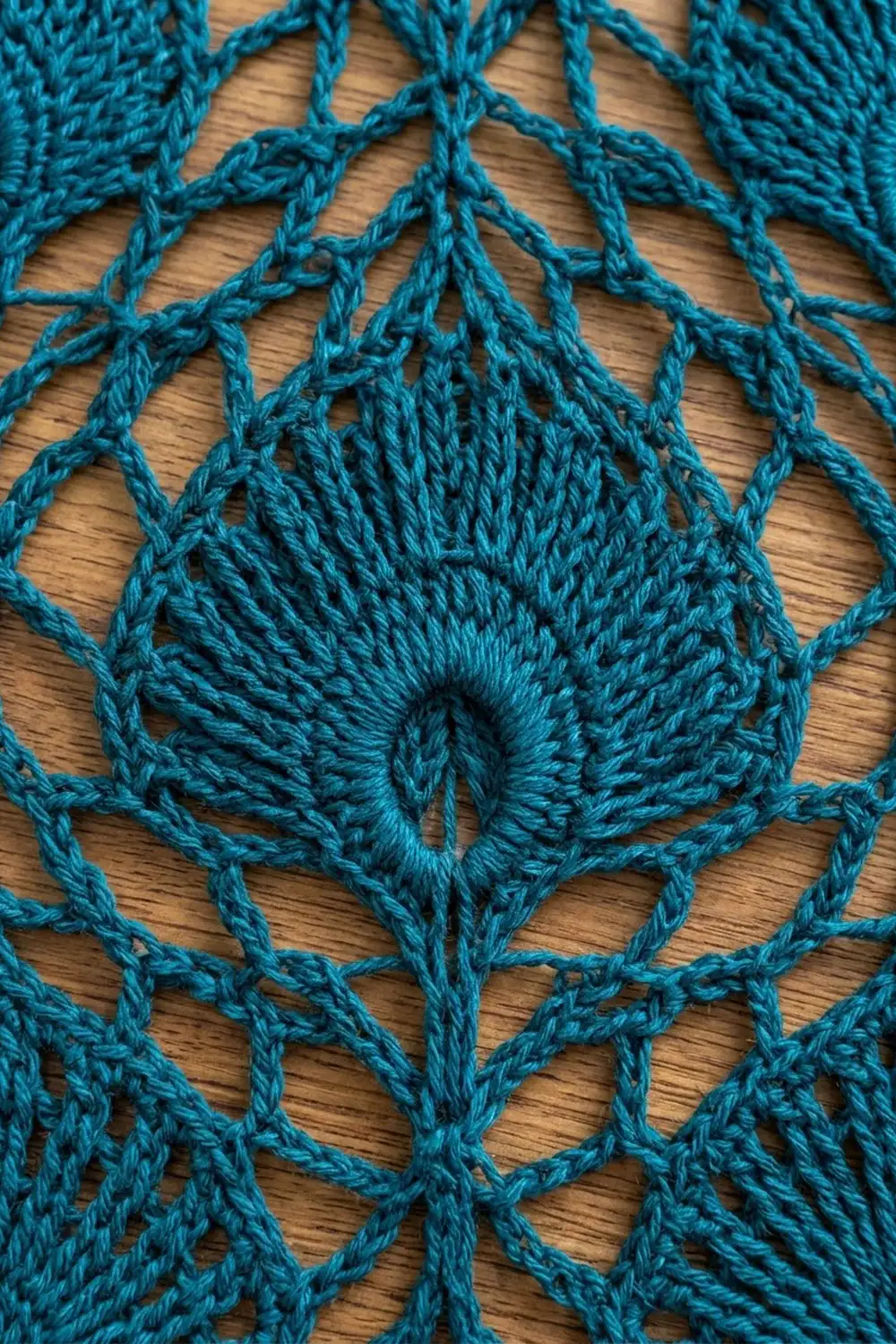 Close-up of turquoise crocheted lace featuring an intricate leaf motif on natural wood.