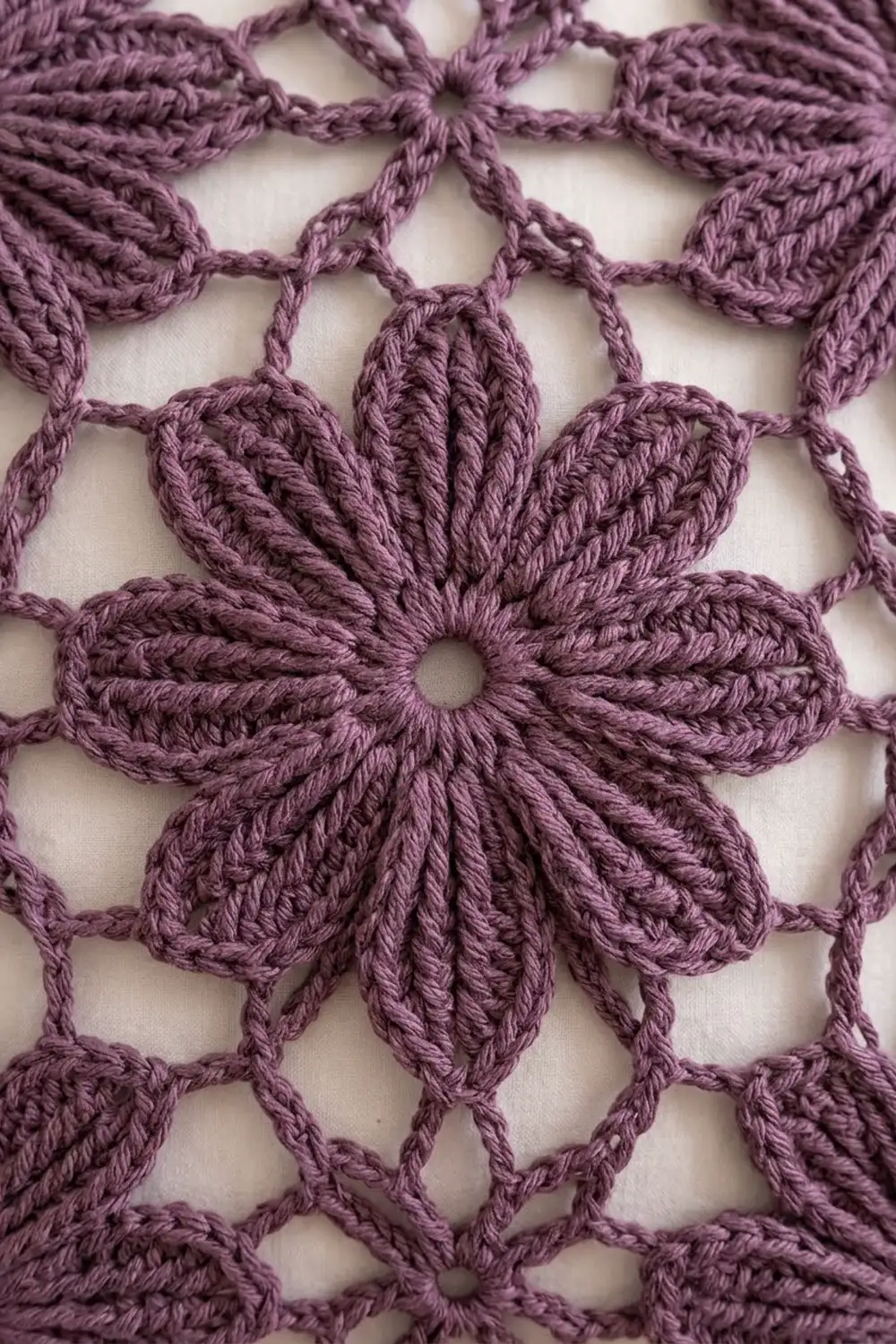 Detailed view of purple crochet lace with radiating flower petals and openwork against white.