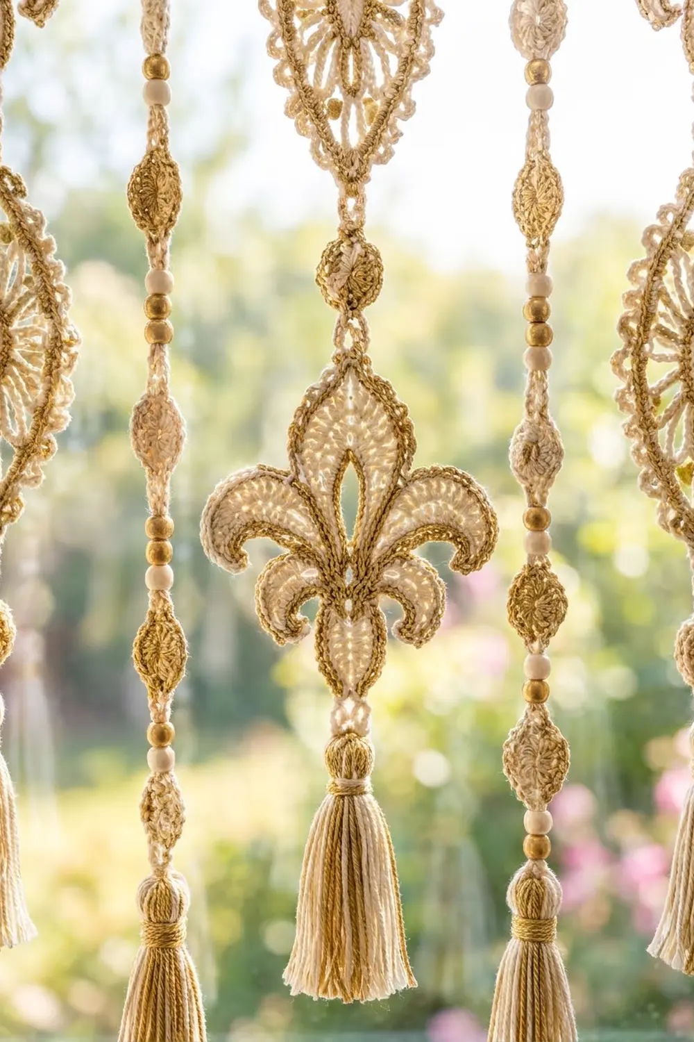 Delicate gold and cream macramé trim with ornate fleur-de-lis charms and tassels against a soft garden background.