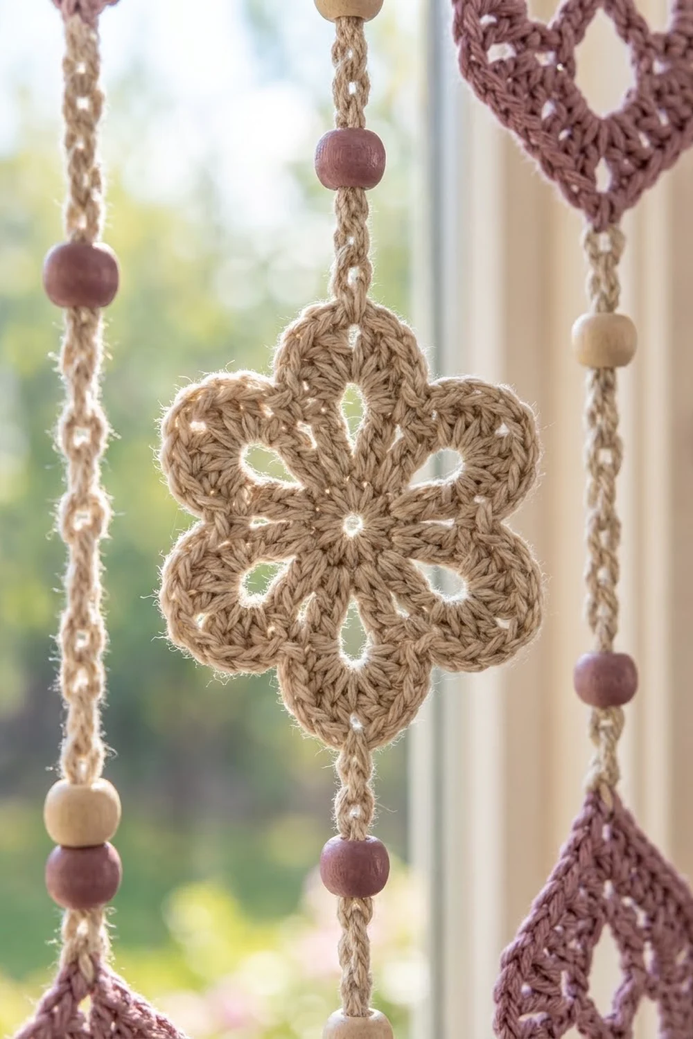 Crocheted beige flower pendant with mauve and cream wooden beads hanging near a sunny window.