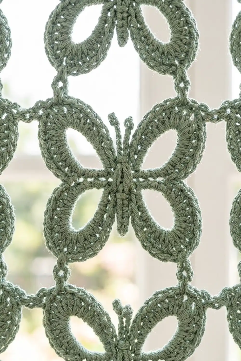 Intricate sage green crochet lace featuring repeating floral motifs and delicate openwork, with blurred garden background visible through.