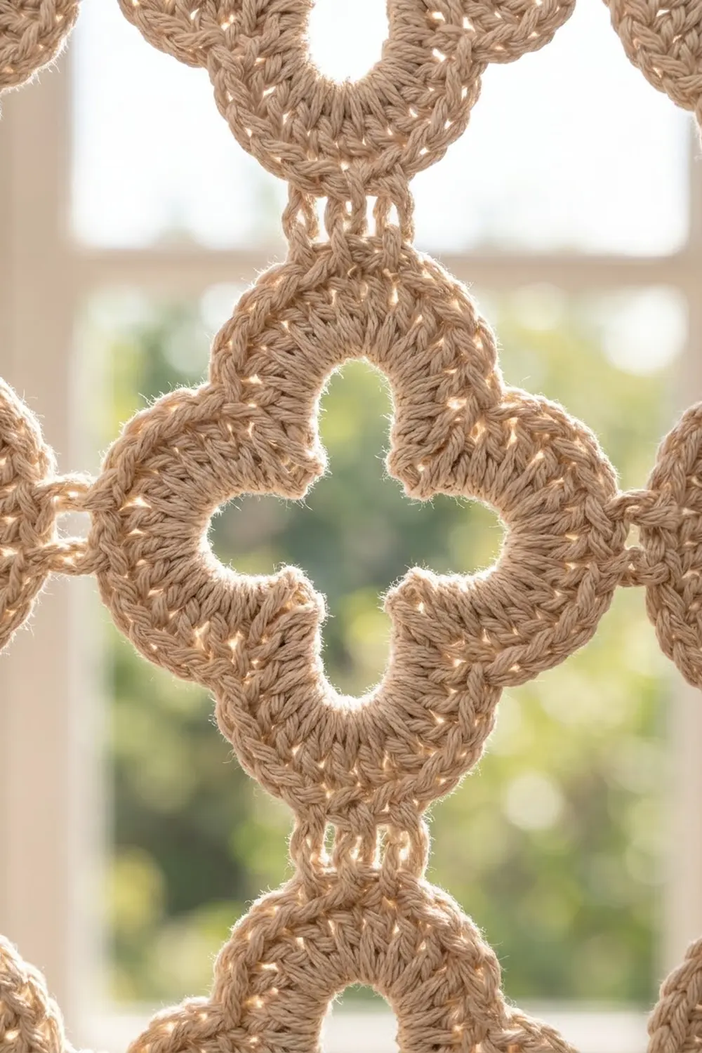 Tan rope macramé with repeating quatrefoil holes, backlit by soft diffused light and blurred green foliage.