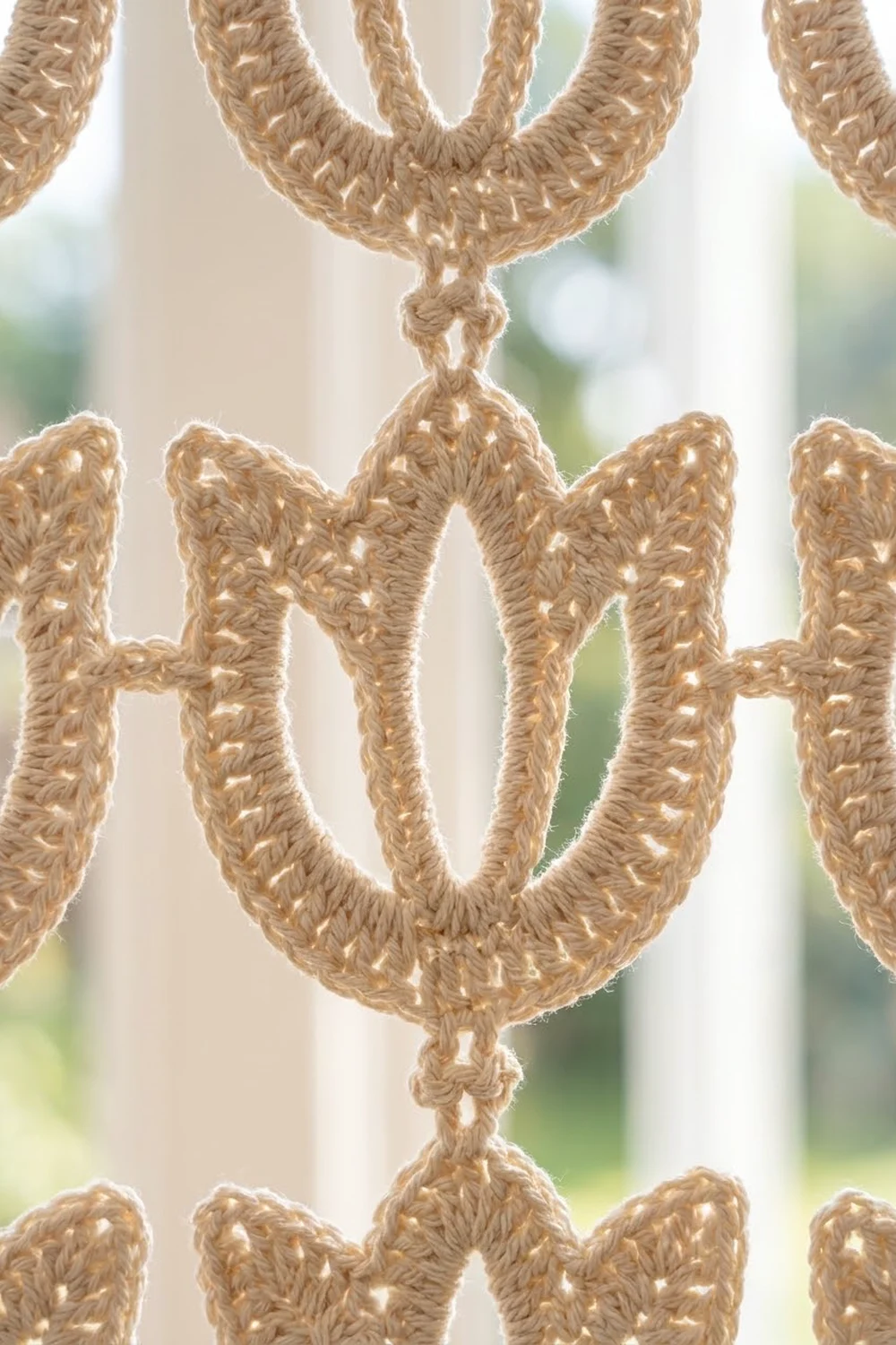 Tan crocheted textile with intricate diamond pattern and visible looped knots, backlit against a soft, blurred outdoor background.
