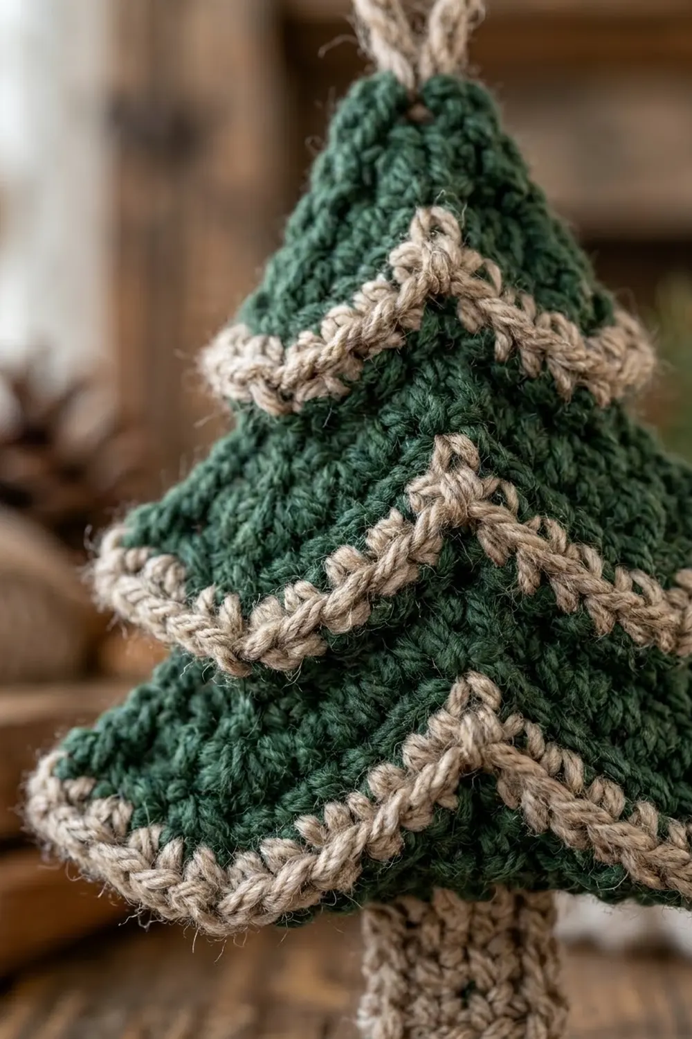 Close-up of a hand-knitted forest green Christmas tree ornament with cream-colored garland bands and twine stem on blurred warm background.
