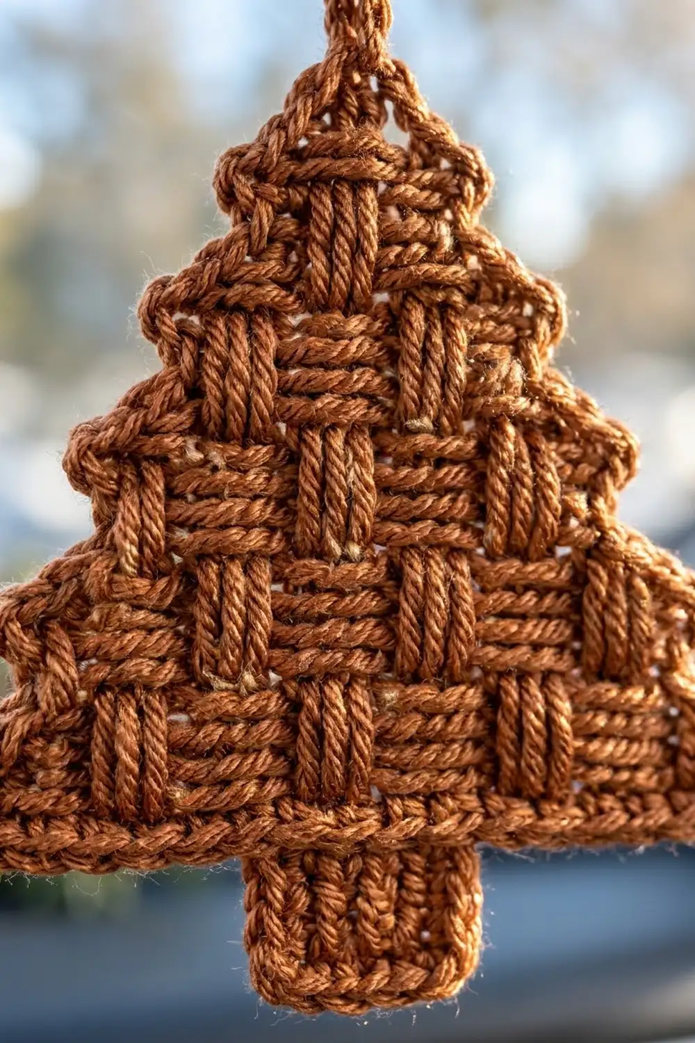Tan crocheted tree ornament with interlocking rope stitching displayed against a soft, blurred outdoor background.