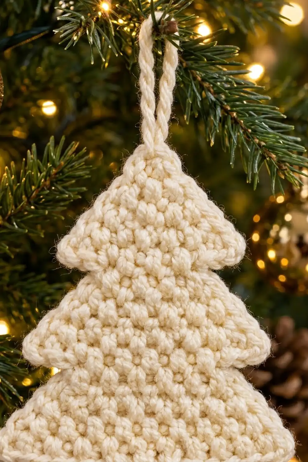 Cream crocheted tree ornament with bobbled texture hanging from white cord among green pine branches and warm yellow lights.