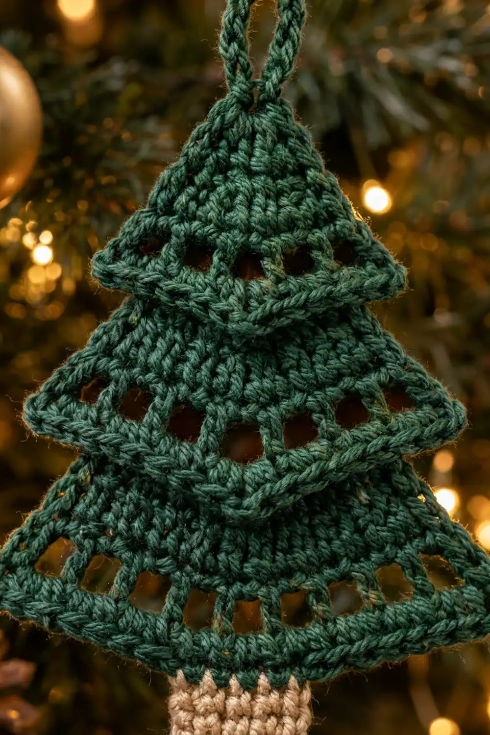 Green crocheted Christmas tree ornament with openwork lace pattern and braided rope straps, hanging against golden holiday lights.