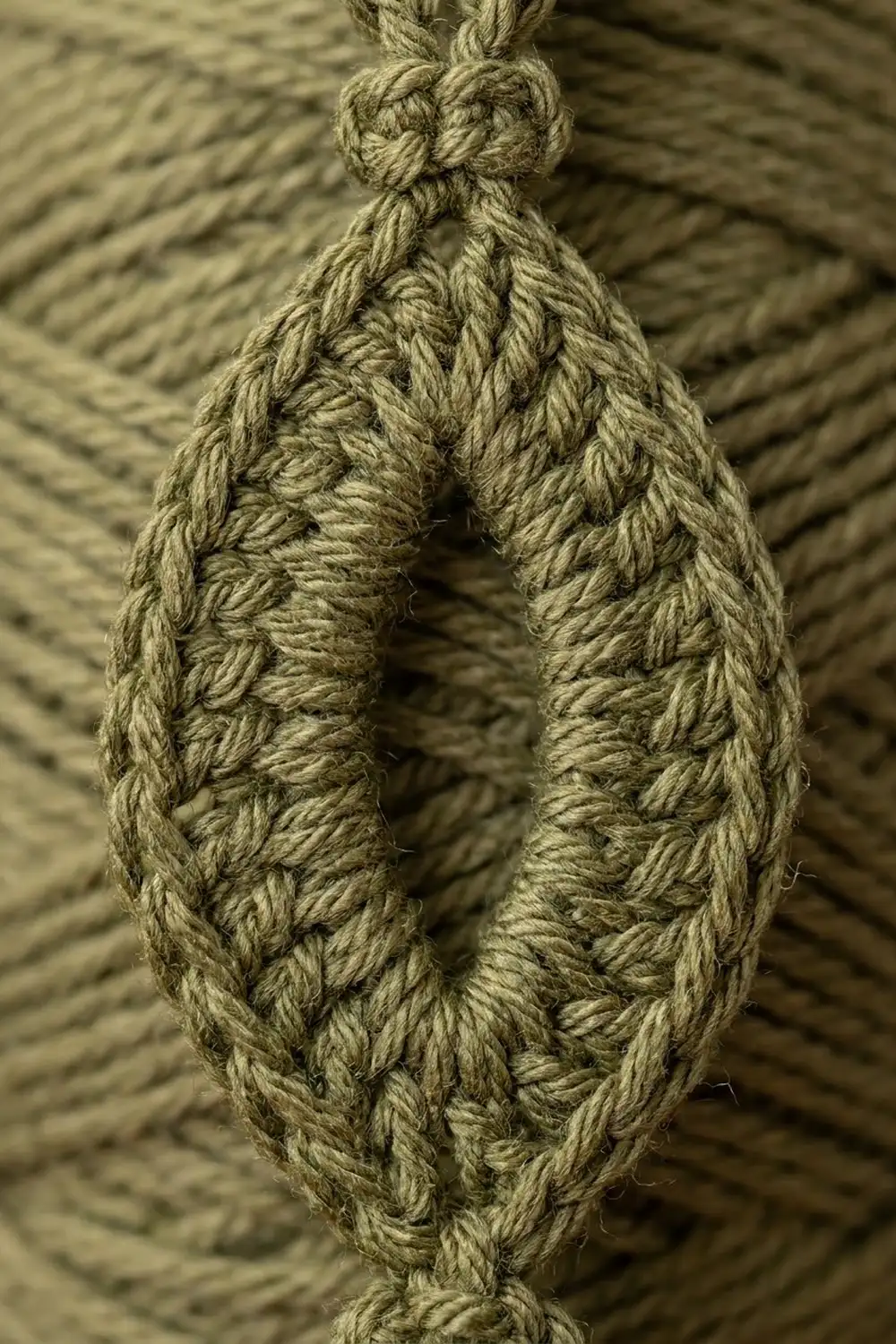 Tan crocheted loop with textured cable stitching, knotted at top, closeup against striped fabric background.