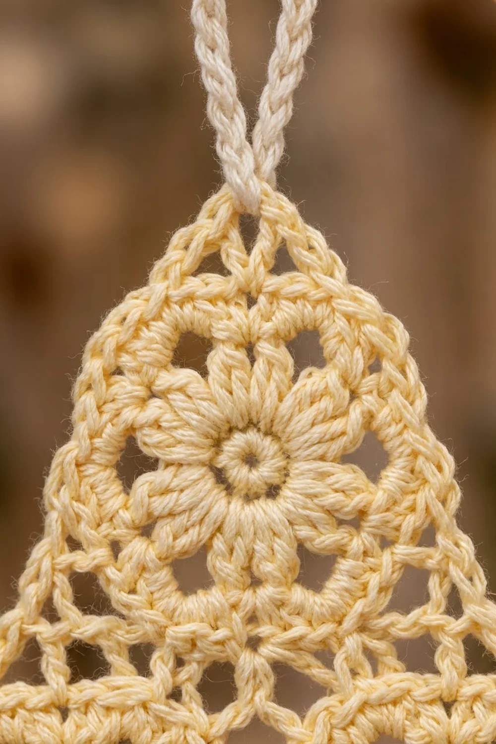 Cream and golden-yellow crocheted ornament with openwork flower pattern suspended by twisted white cord.