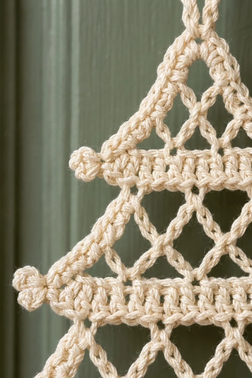 Cream crocheted lace with open diamond pattern photographed in close-up against a muted sage green background.