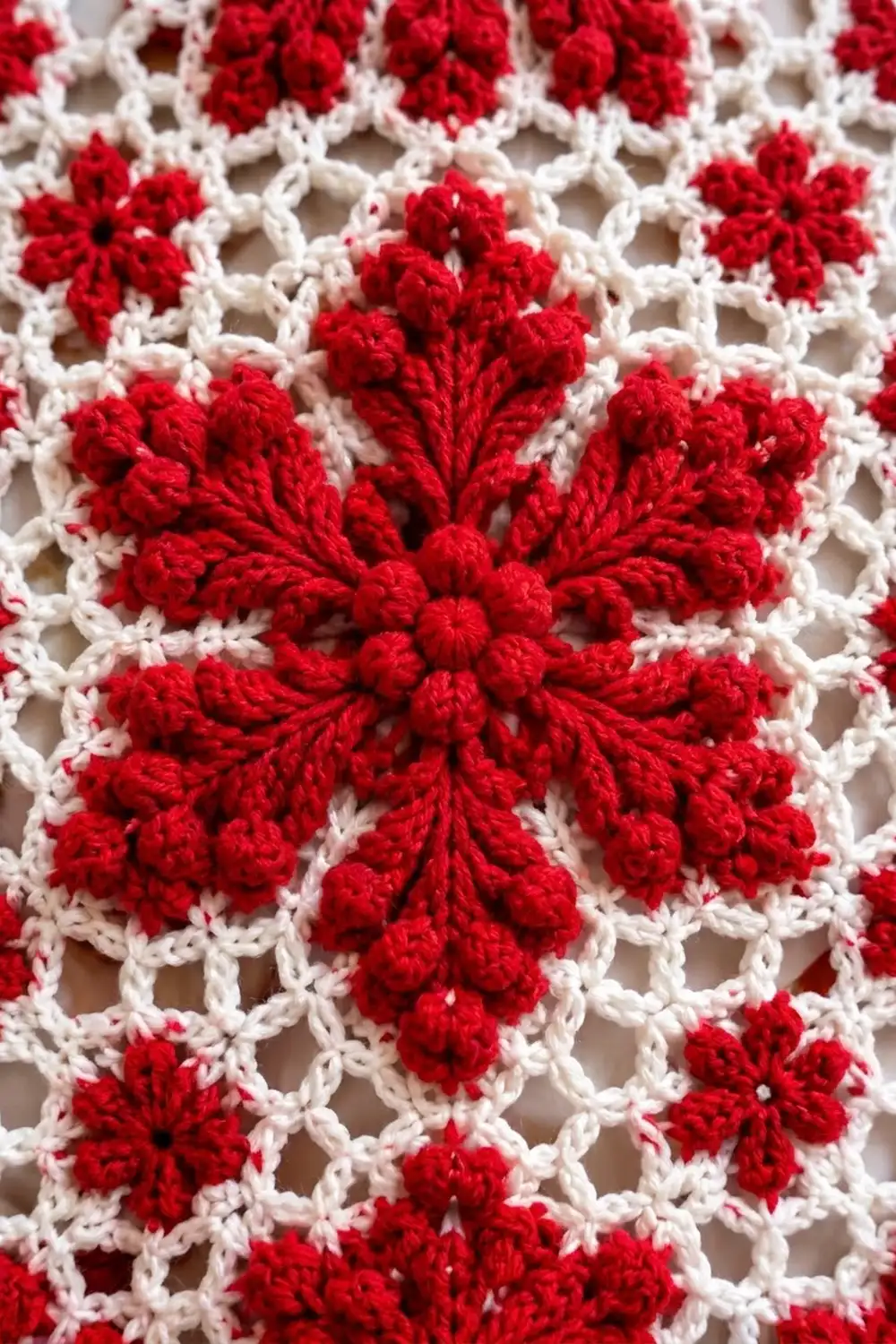 Close-up of a crocheted blanket with red and white flower motifs arranged in a repeating lattice pattern.