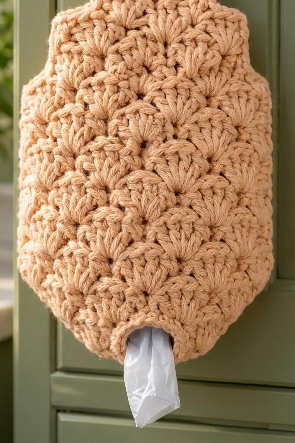 Close-up of a tan crocheted tissue box holder with detailed stitch pattern against a soft green background.