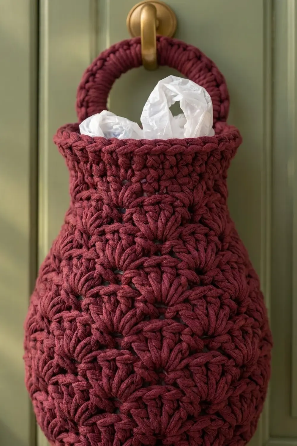 Deep burgundy crocheted bag with popcorn stitch texture, gold handle, holding white tissue paper against a muted sage green wall.