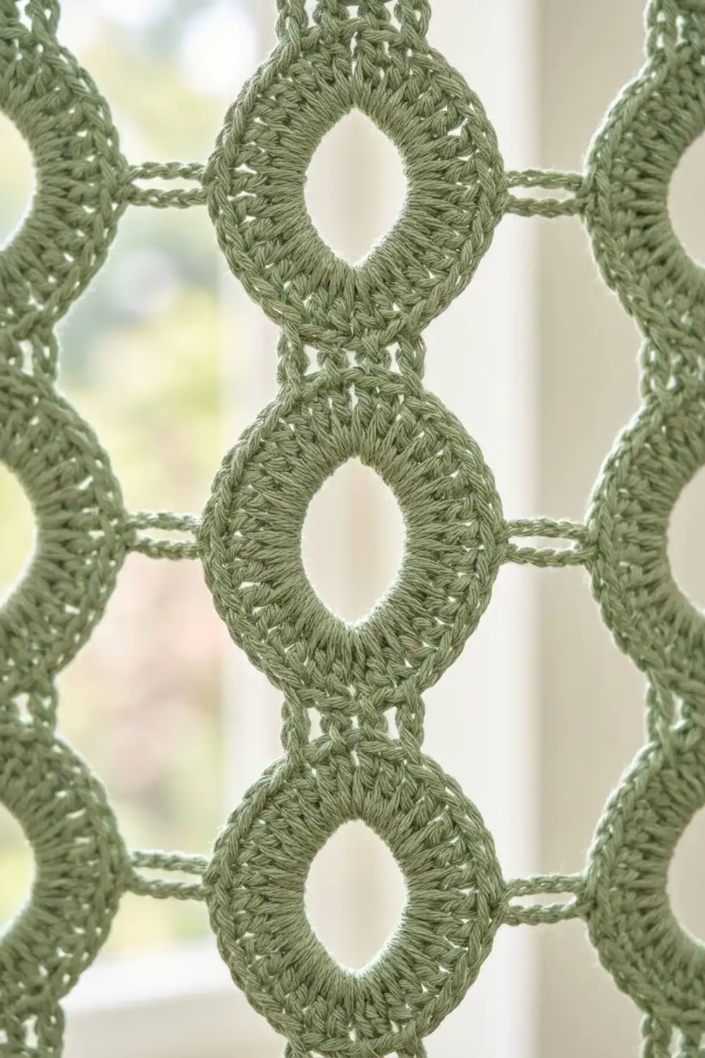 Sage green crocheted lace with repeating oval openwork details set against a soft blurred background.