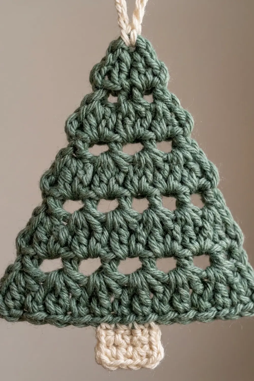 Tiered crocheted Christmas tree ornament in sage green with openwork pattern and cream yarn string against gray background.