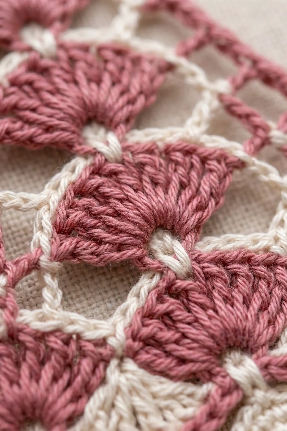 Close-up of crocheted or knitted fabric with alternating mauve pink and cream-colored textured loops forming a decorative pattern.