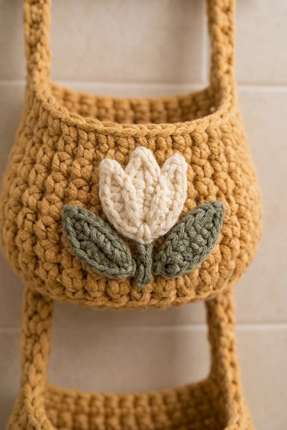 Golden crocheted basket with white tulip and green leaves embroidered on front, holding a white ceramic container.