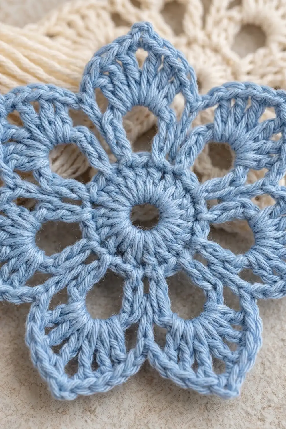 A delicate blue crochet snowflake ornament displayed on a cream-colored knitted background.