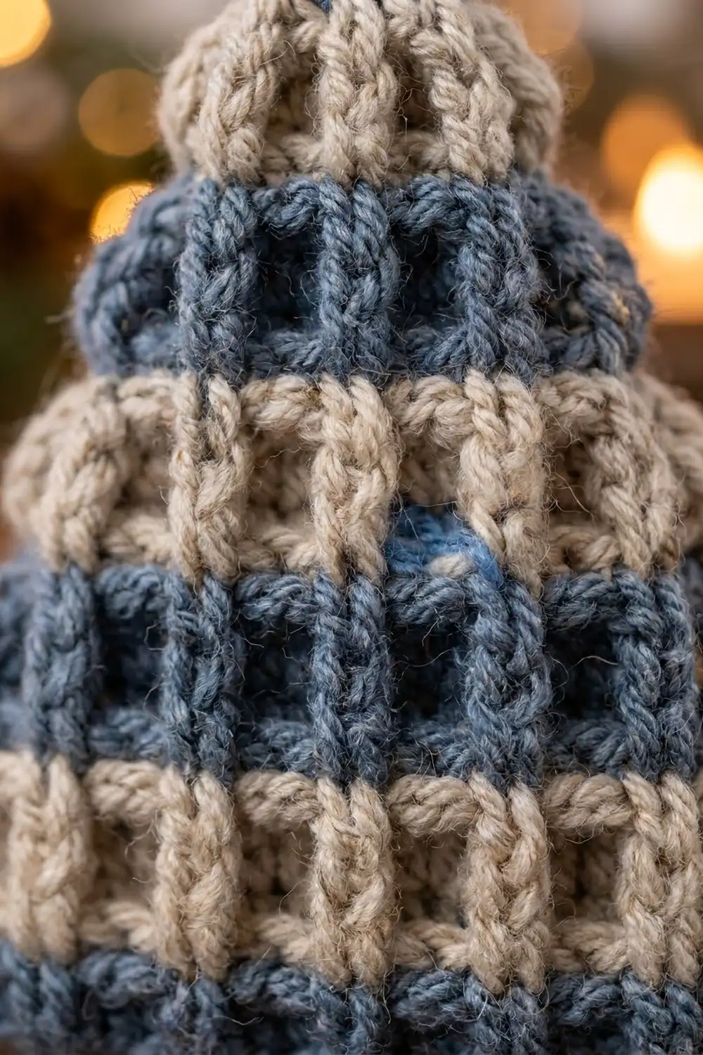 Cream and navy striped knit beanie detail showing chunky cable stitches with warm bokeh background.