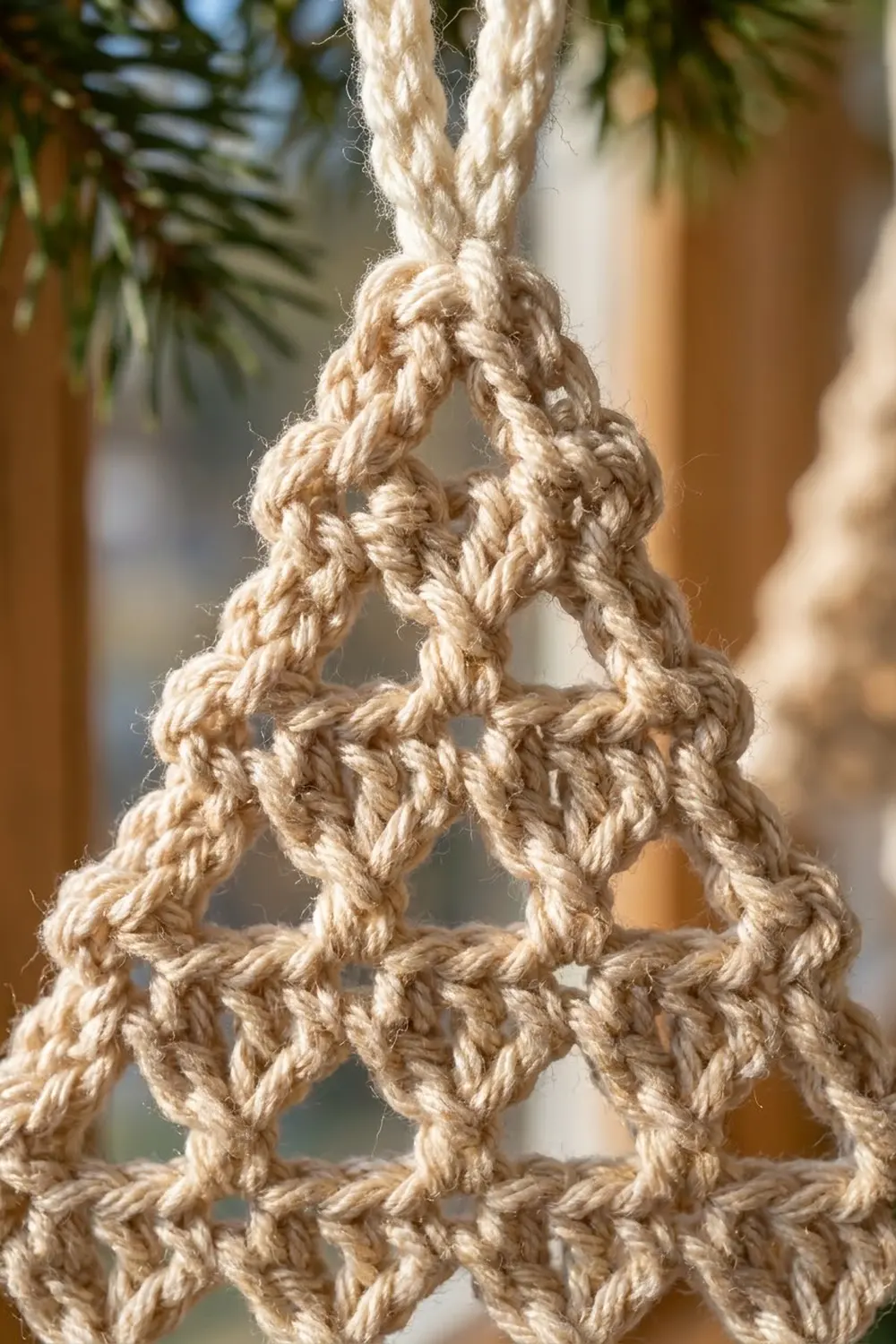 Cream-colored macramé ornament with open diamond lattice pattern hung outdoors in daylight.