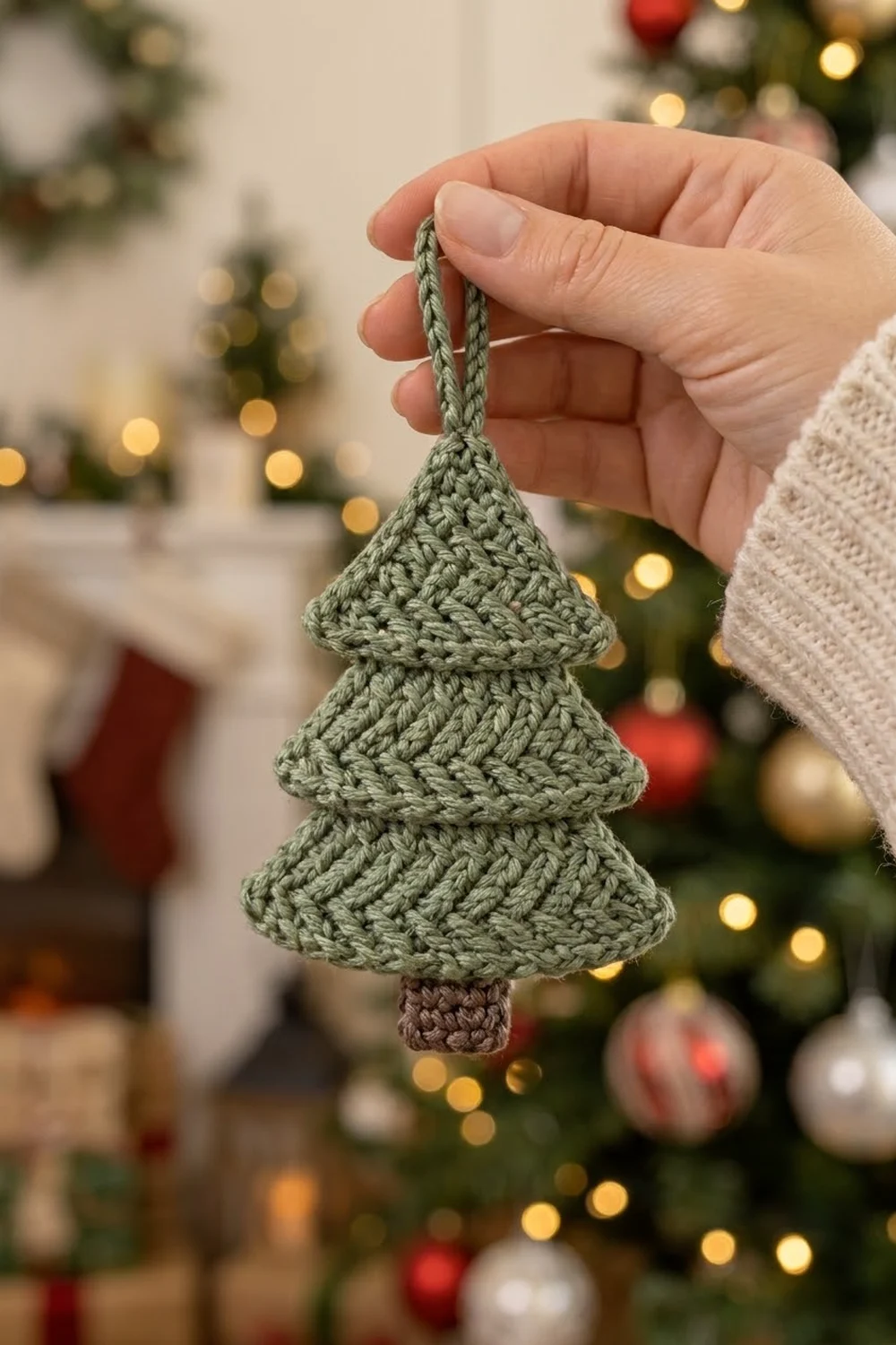 Hand holding a sage green crocheted Christmas tree ornament with brown trunk against a blurred festive holiday background.