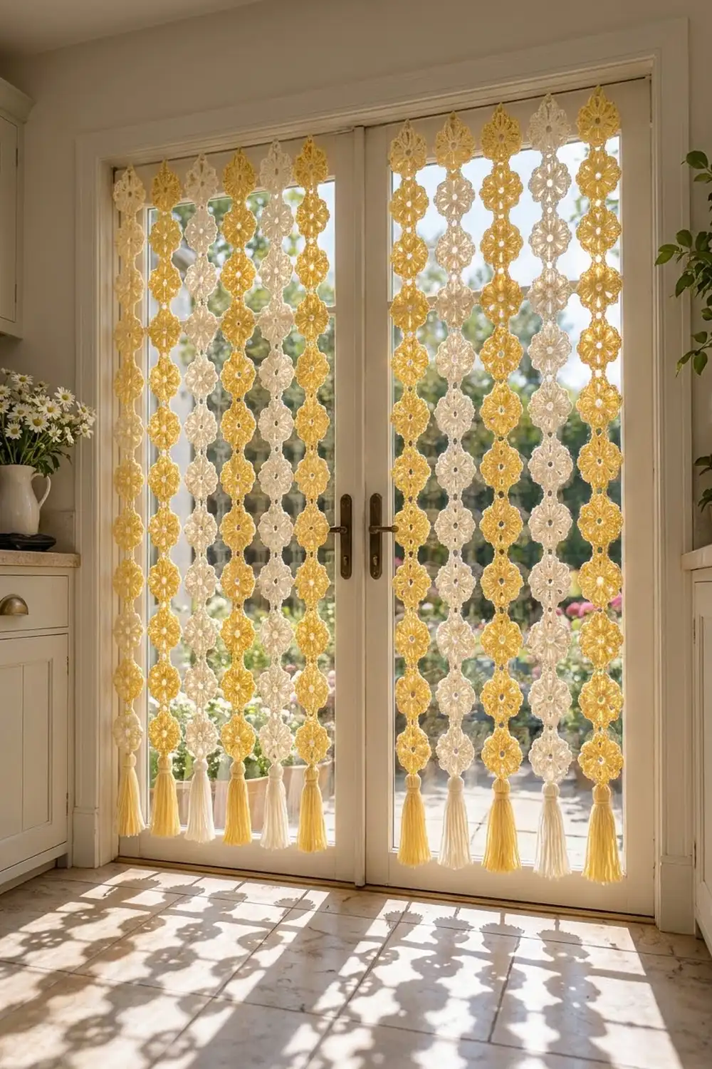 Ornate gold and cream beaded curtains with tassels hang on glass patio doors in a sunlit room.
