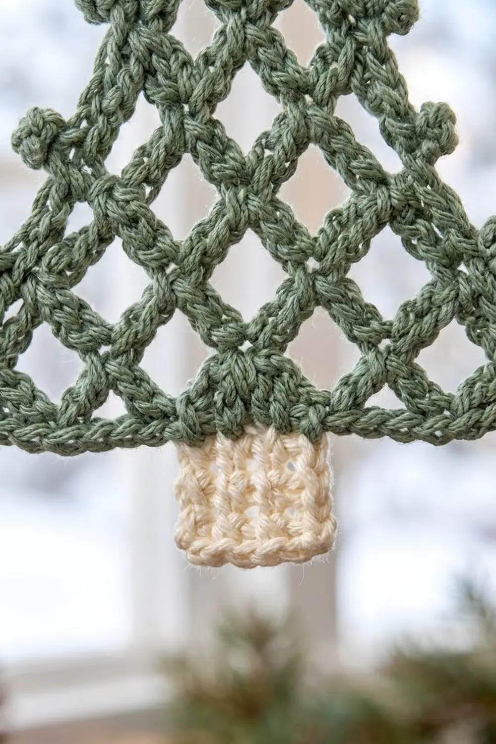 Close-up of sage green crochet diamond lattice with cream ribbed cuff, shown against blurred background.