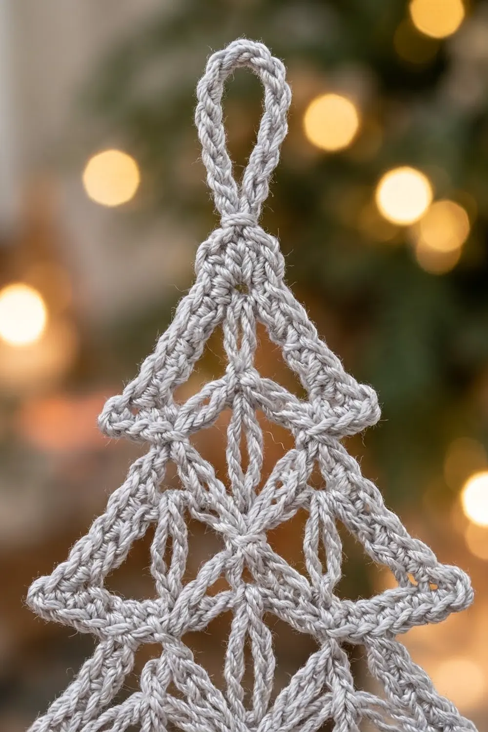 A white crocheted tree ornament with a braided loop hangs before warm, blurred golden holiday lights.