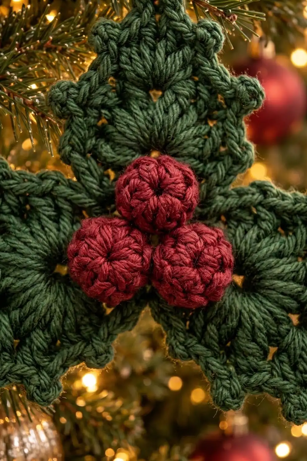 A handmade crocheted dark green ornament with three clustered red berries, suspended among evergreen branches with warm golden bokeh lighting.