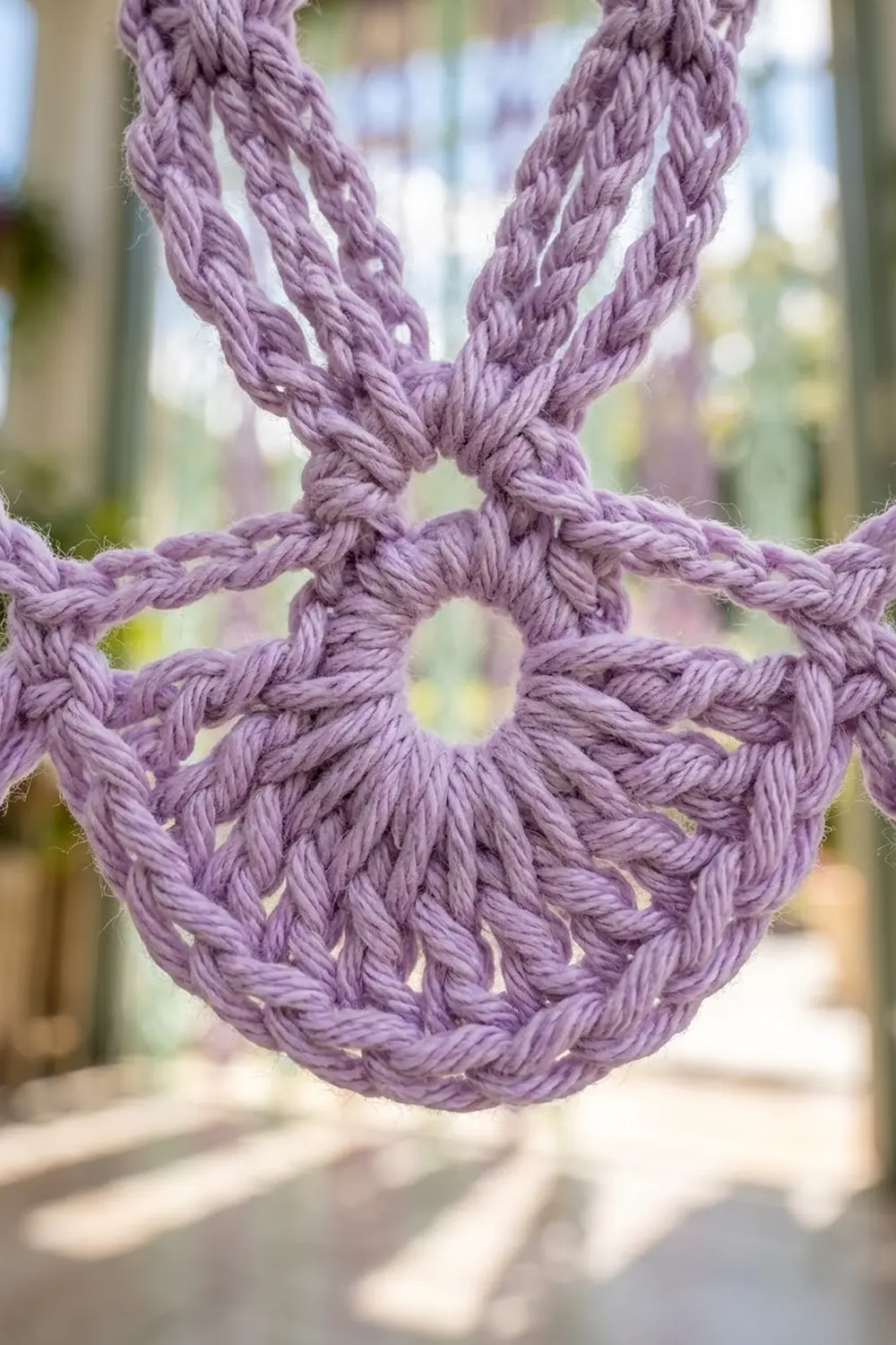Close-up of lavender crocheted lace necklace with intricate openwork pattern displayed against blurred window background.