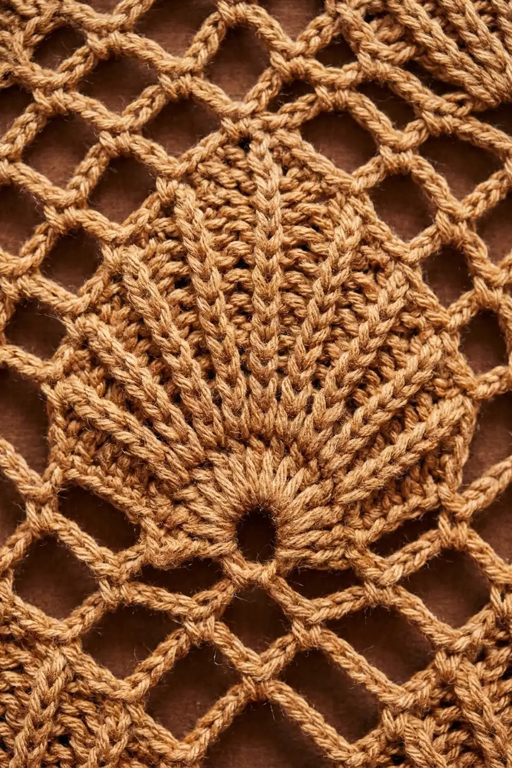 Close-up of tan crocheted lace with intricate open-work pattern and braided texture against dark brown.