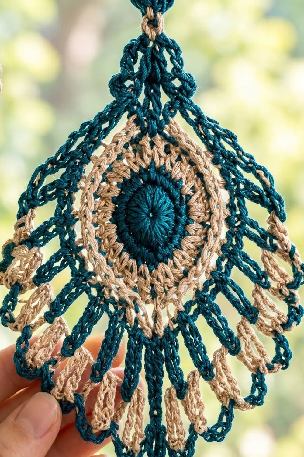 Crocheted teal and cream pendant with open-work lace pattern and dark center, held in hand against blurred background.