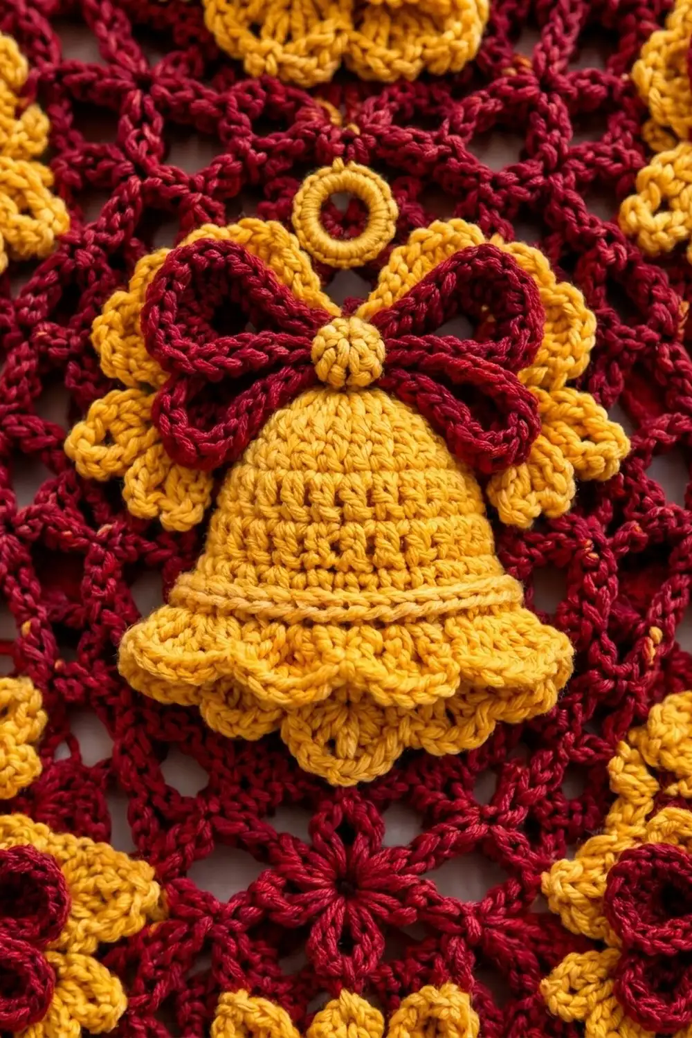 A crocheted golden bell with burgundy bow ornament surrounded by matching red and yellow decorative crochet flowers.