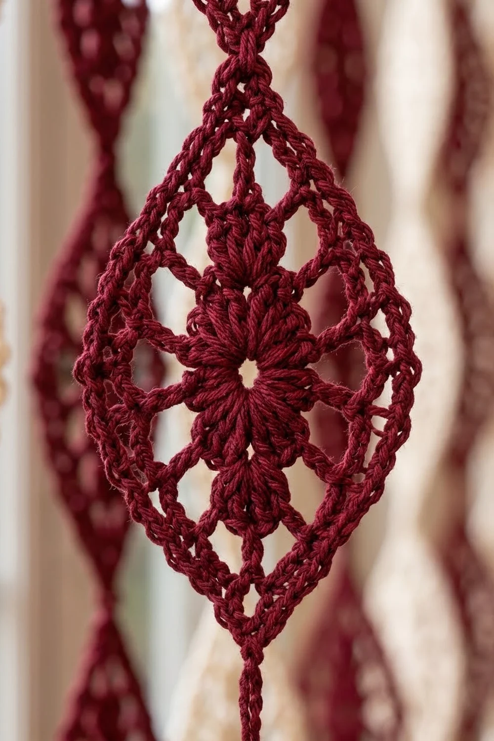 A burgundy crocheted lace ornament with an intricate diamond pattern hangs against a soft, blurred background.