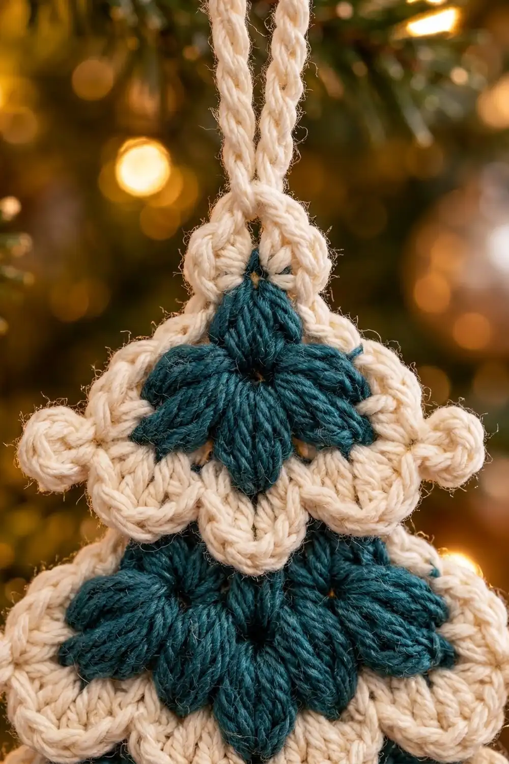 Crocheted ornament with cream and dark teal accents, hanging from white rope against warm holiday bokeh lights.