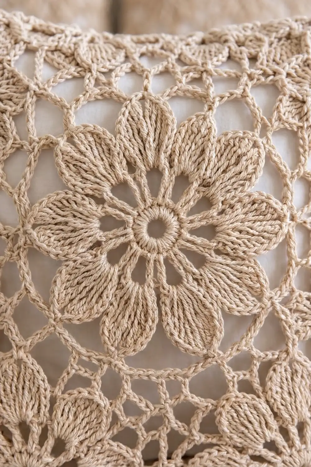 Close-up of beige crochet lace featuring a textured six-petaled flower motif with rope-like petals and intricate open lattice design.