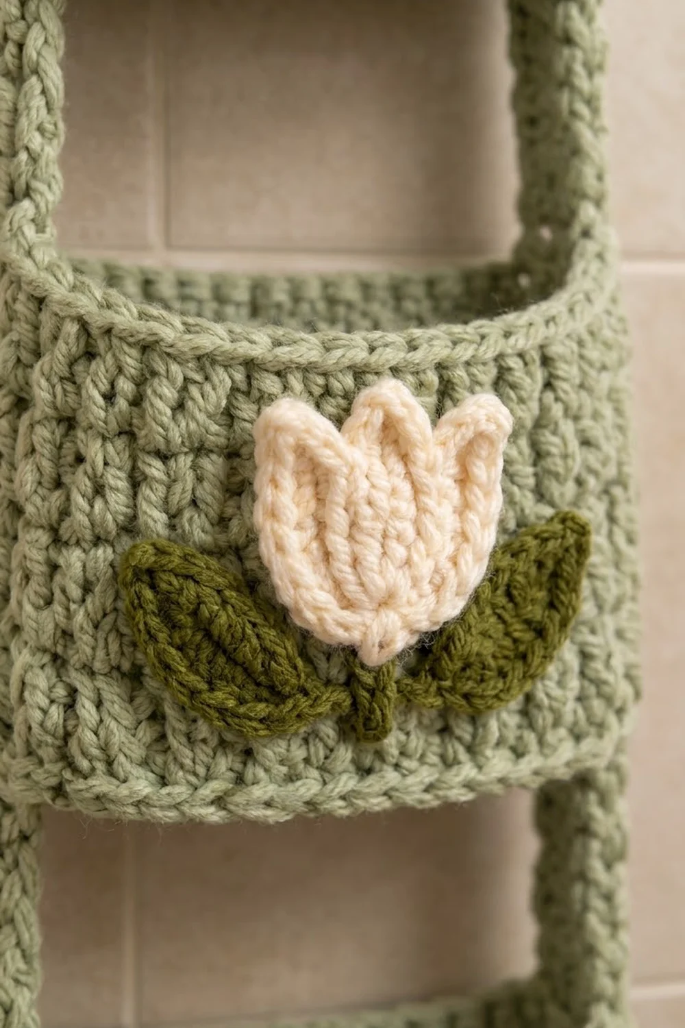 A cream-colored crocheted heart appliqué stitched on sage-green textured crochet fabric forming a decorative pouch.