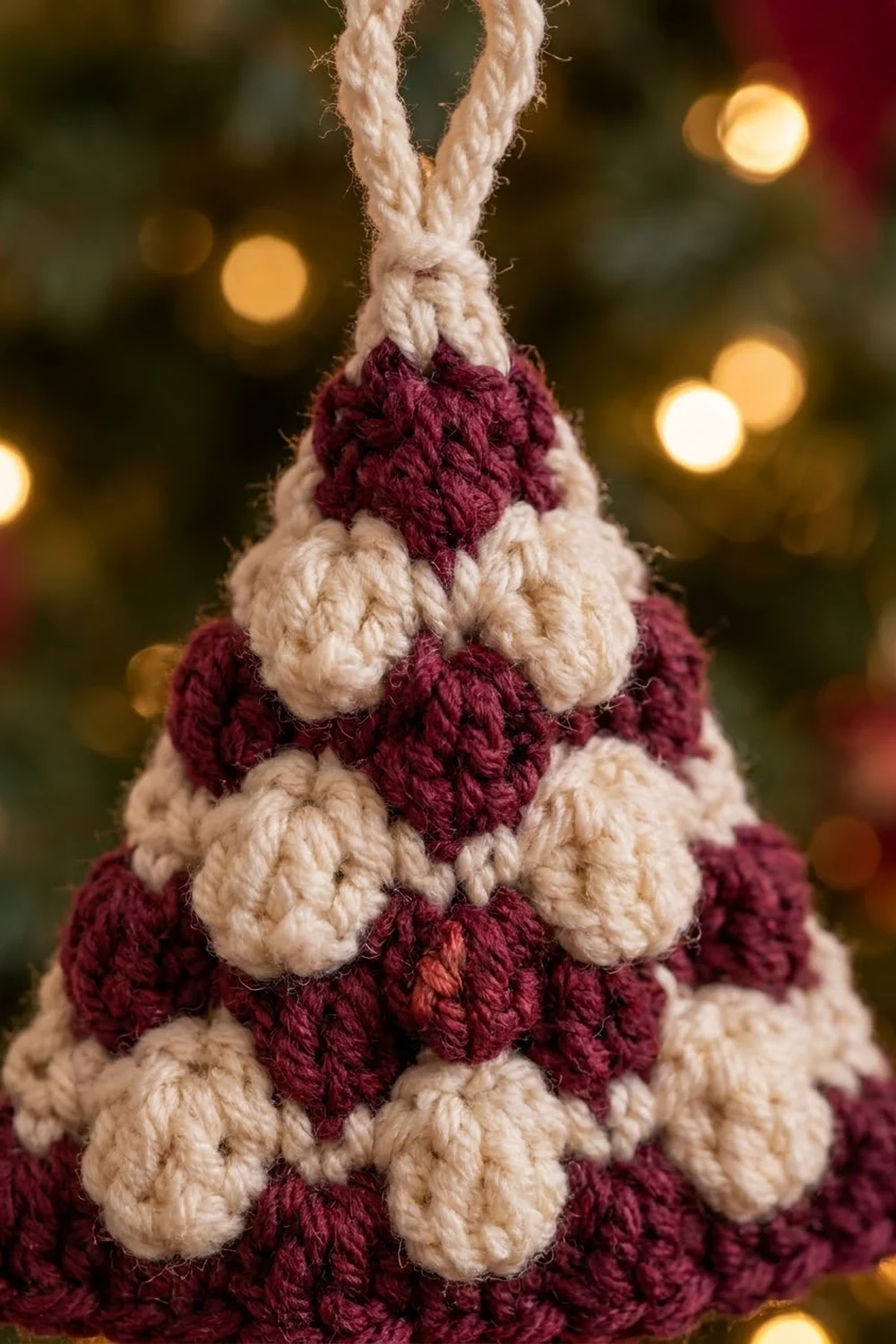Crocheted Christmas tree ornament with burgundy and cream yarn stripes, hanging from rope against blurred golden holiday lights.