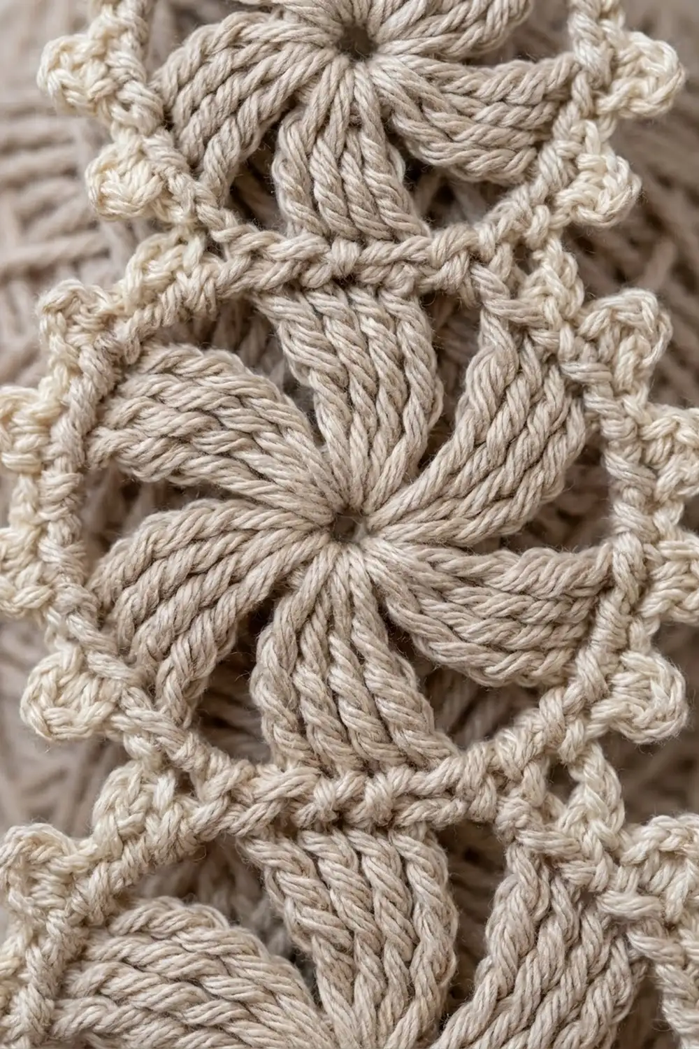 Cream-toned crocheted fabric featuring twisted rope stitches in a dimensional, interlocking pattern.