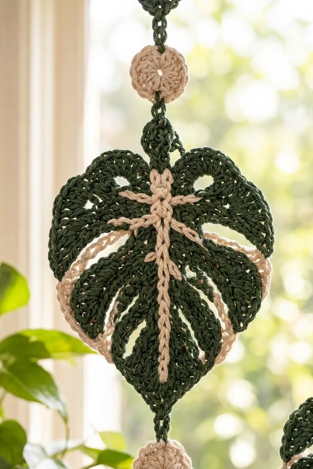 A crocheted leaf ornament in dark green with tan stitching hangs from a cord against a blurred garden background.
