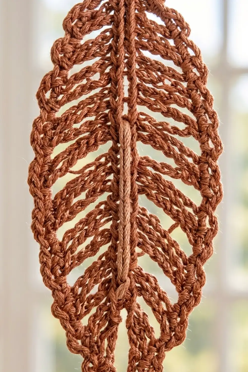 Rust-brown crocheted lace leaf with symmetrical openwork design backlit in soft interior daylight.