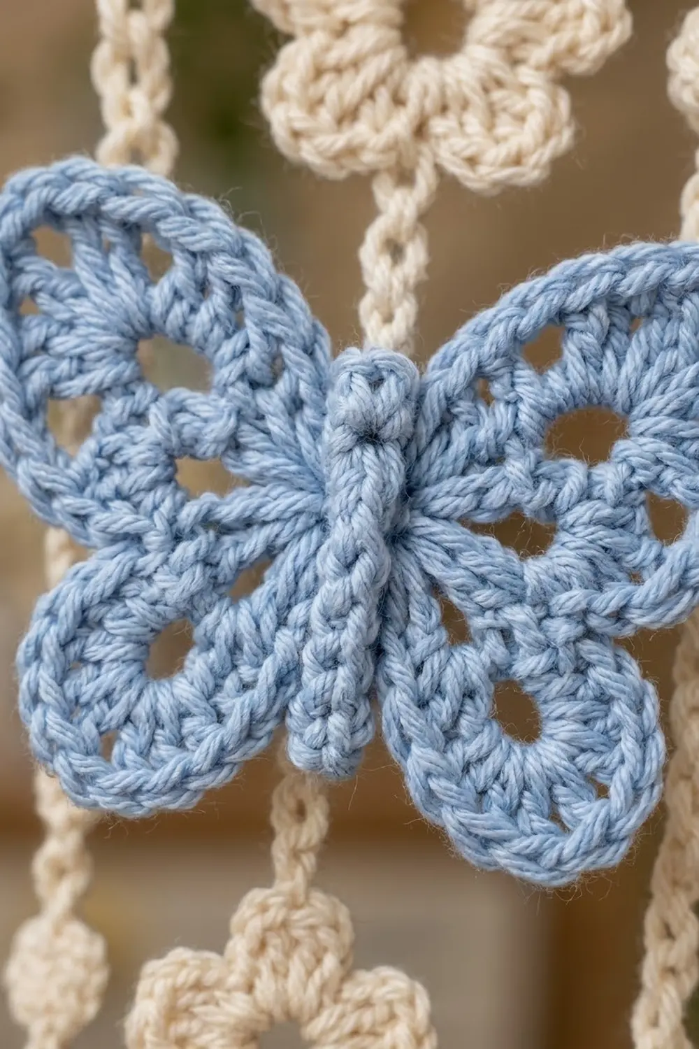 A light blue crocheted butterfly ornament hangs among cream-colored crocheted decorations on a blurred neutral background.