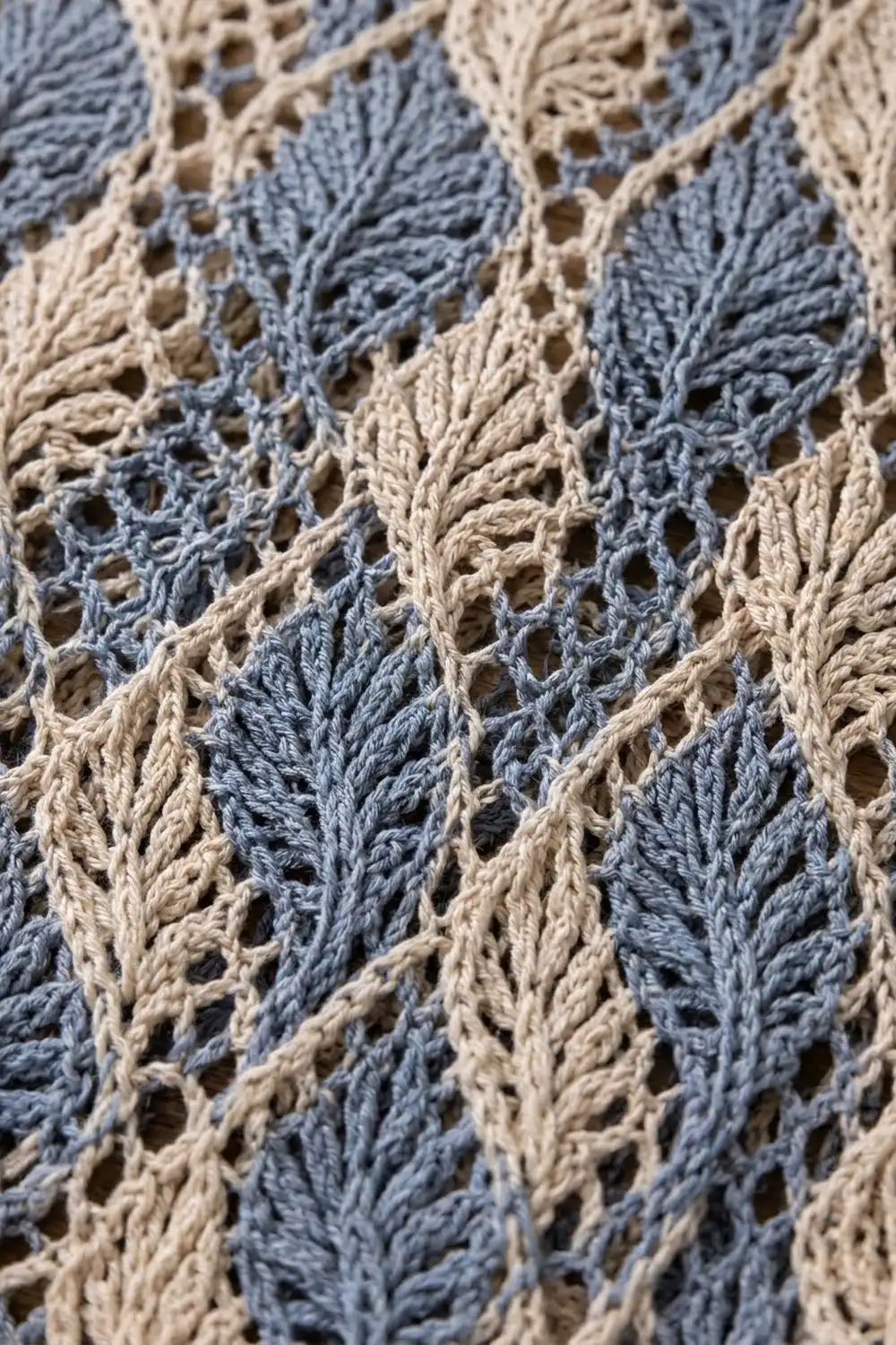 Close-up of cream and blue-gray crocheted lace showing open stitches in a diagonal chevron pattern.