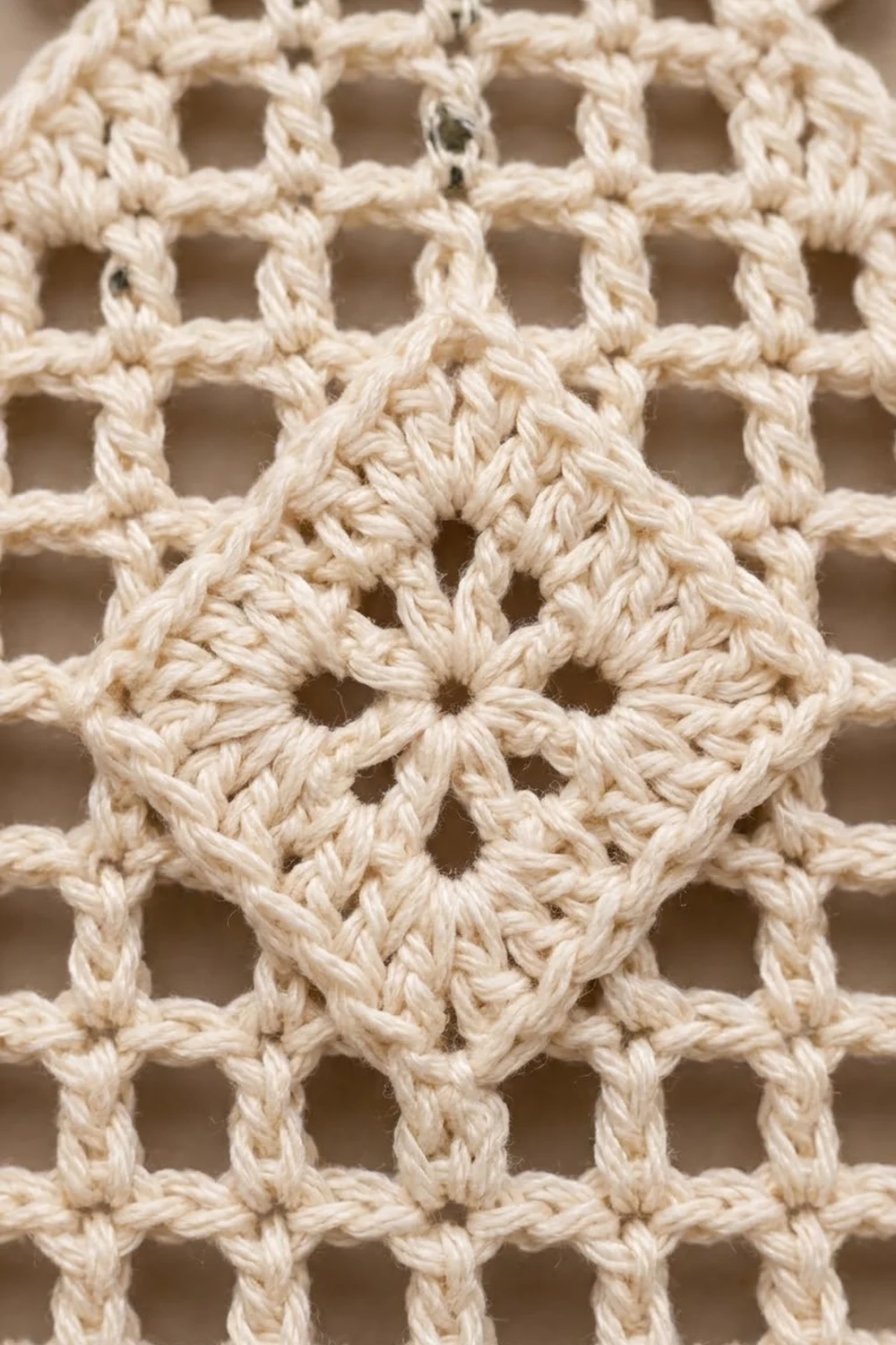 Close-up of cream-colored crochet mesh with open grid squares and a decorative diamond stitch motif.