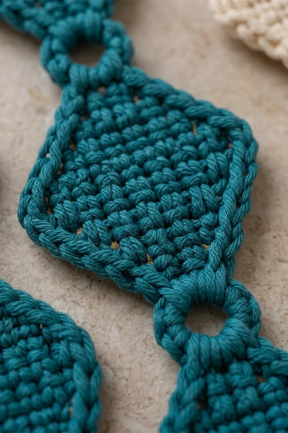 Teal crocheted pouch with twisted handles displayed on a neutral beige textile surface.