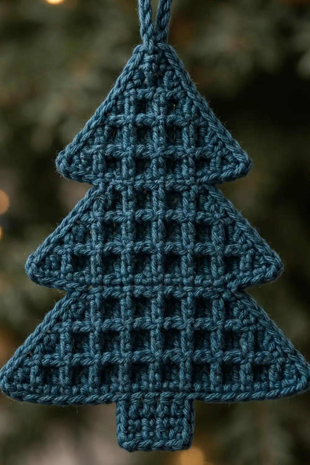Teal crocheted Christmas tree ornament with open-mesh pattern, hanging against a blurred outdoor background with warm bokeh lights.